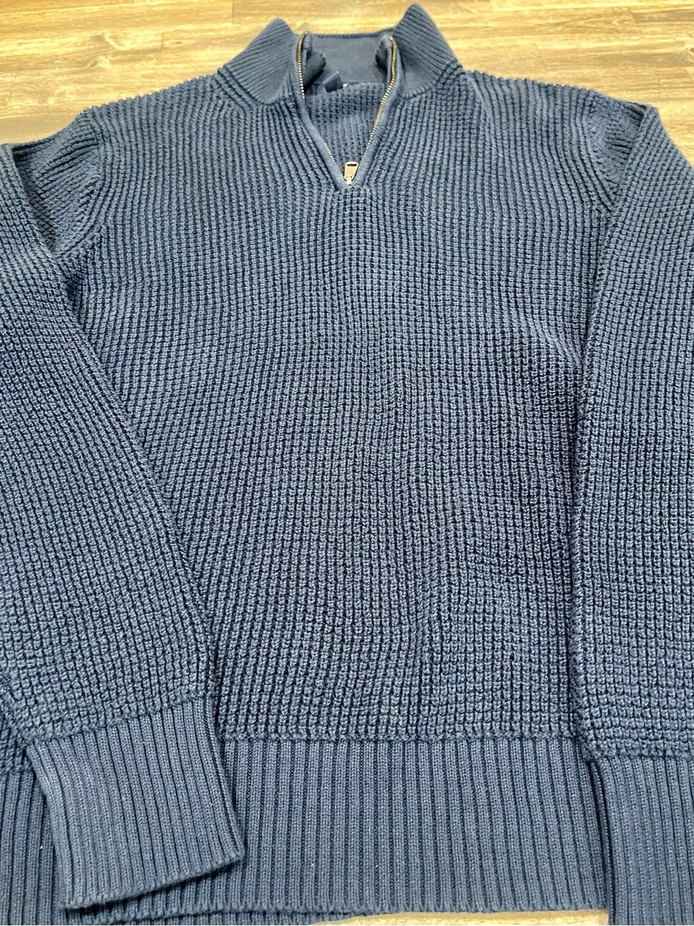 J.Crew Mens Large Navy Waffle Knit Quarter Zip Sweater 100% Cotton Pullover